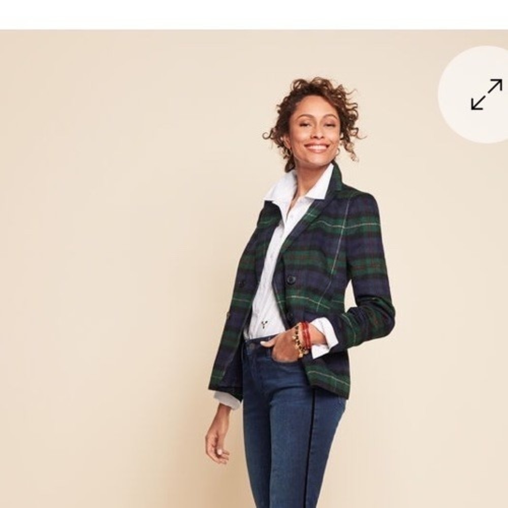 Talbots Brushed Wool Blend Double Breasted Blazer Sz 14P NWOT Green Blue Tartan